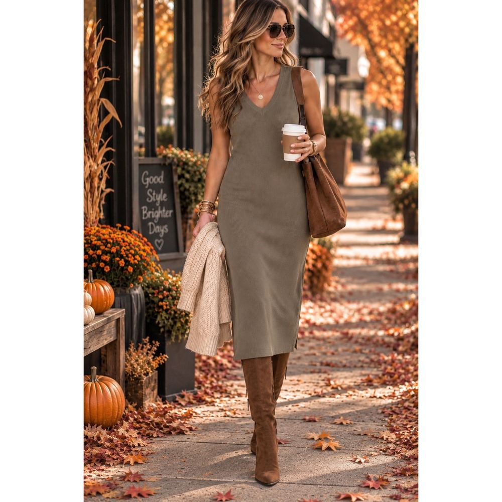 NWT Chic Ribbed Olive Maxi Dress Quiet Luxury Minimalist Autumn Wedding Sz XL